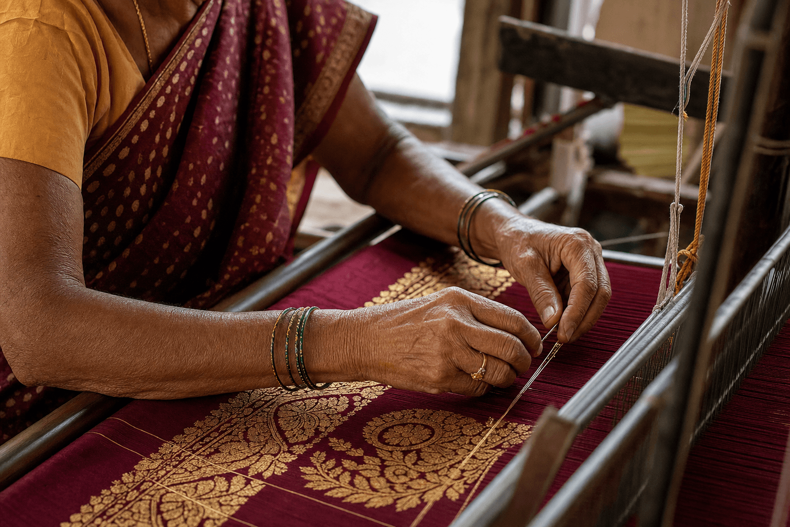 Artisan hands weaving silk at Royal Creation Surat atelier