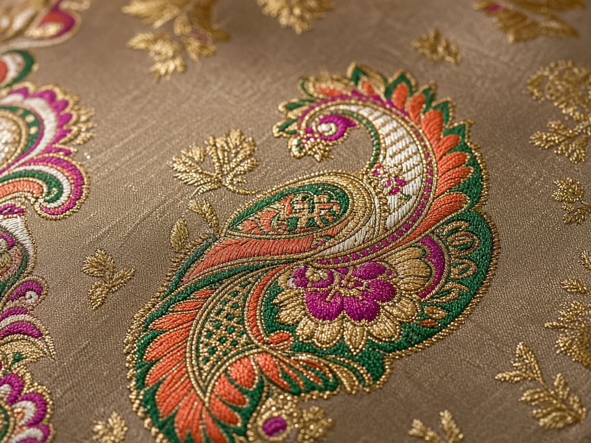 Handwoven Banarasi paisley brocade in gold and jewel tones