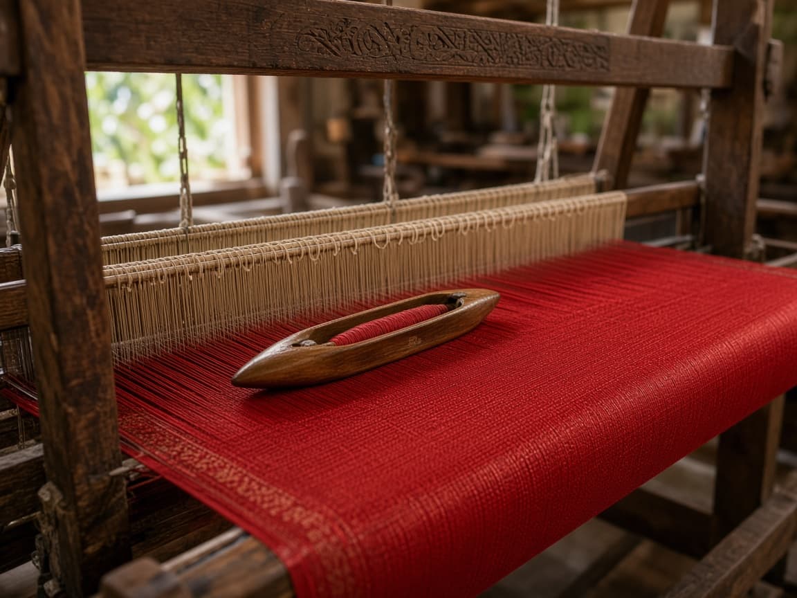 Vermillion silk on a wooden handloom with a boat shuttle