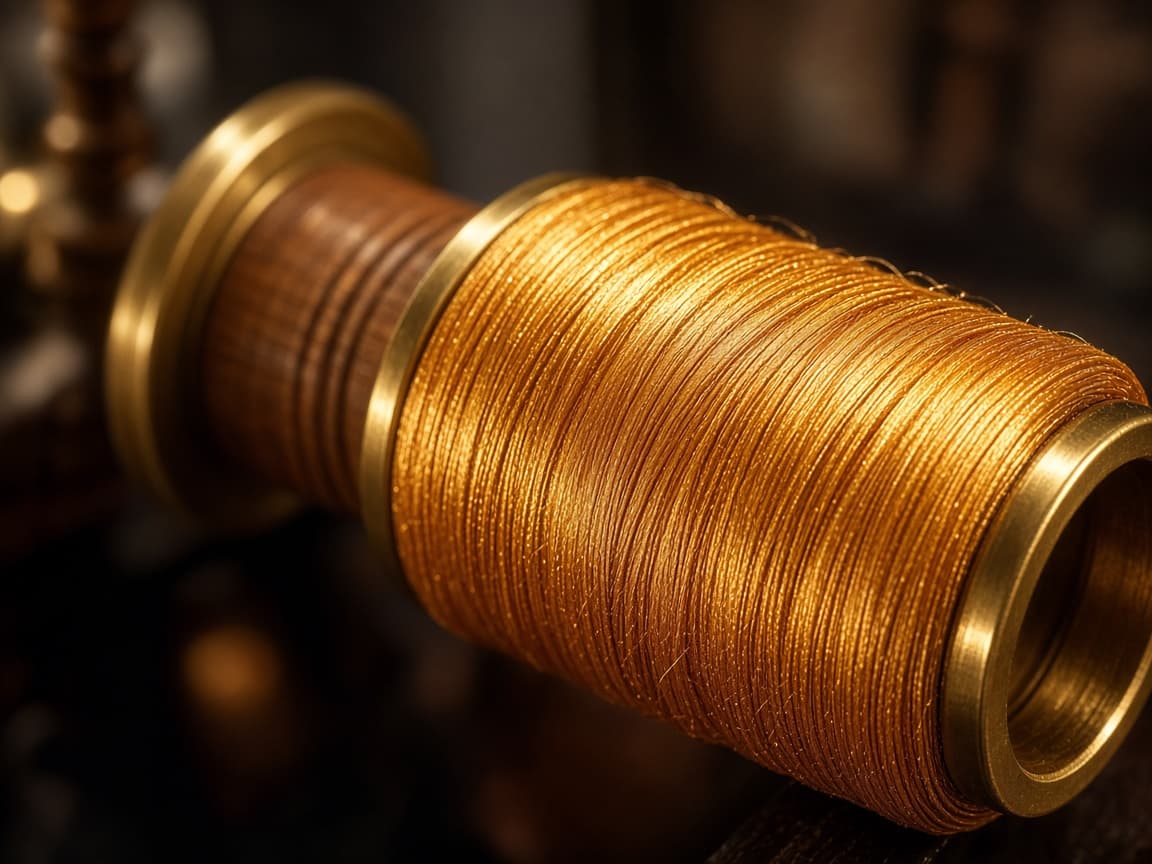 Golden silk thread wound on a brass and wood spool