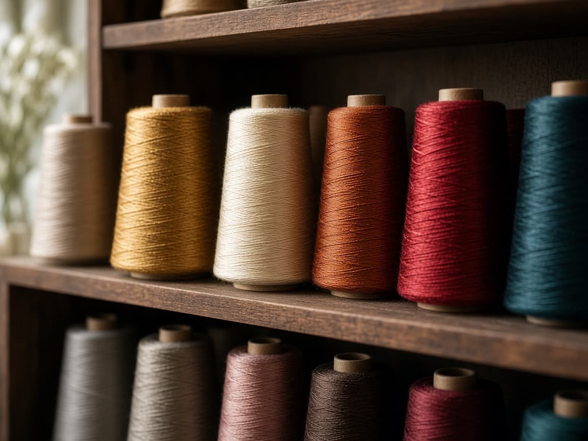 Silk thread cones in gold, ivory, rust, crimson, and teal