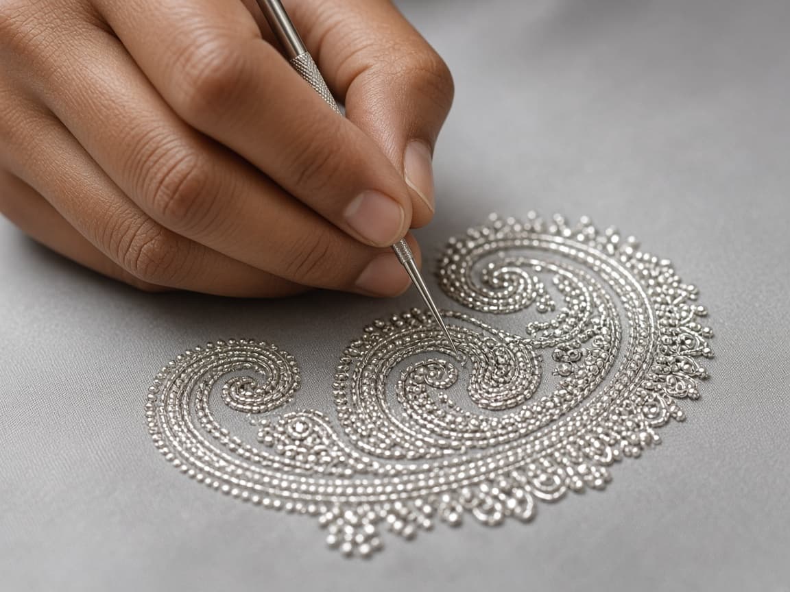 Artisan stitching a silver zardozi paisley with an aari needle