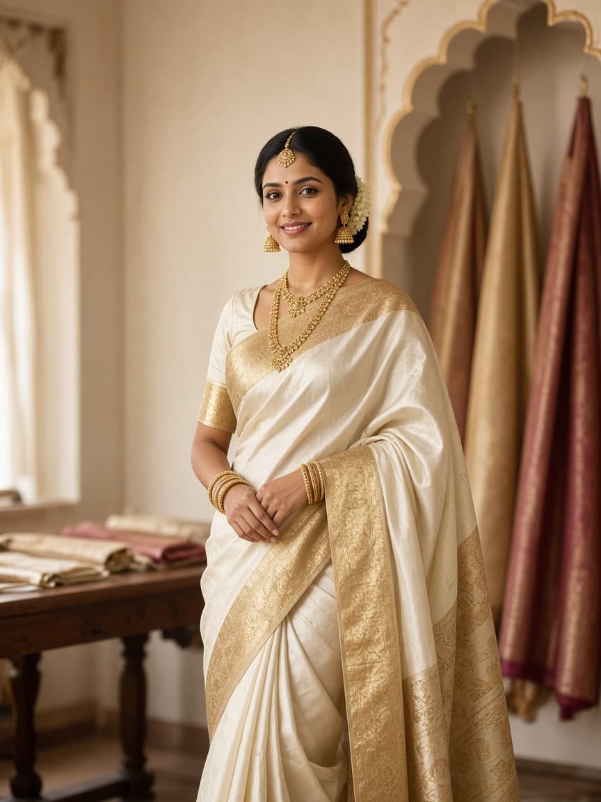 Royal Creation atelier host in an ivory silk saree, Surat