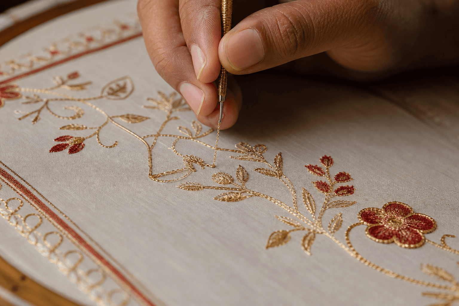 Fine aari chain-stitch embroidery in progress