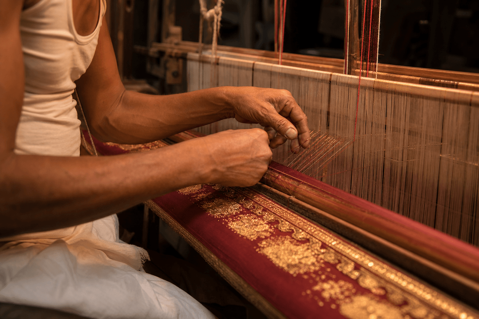 Hands weaving gold zari into Banarasi silk on a pit loom