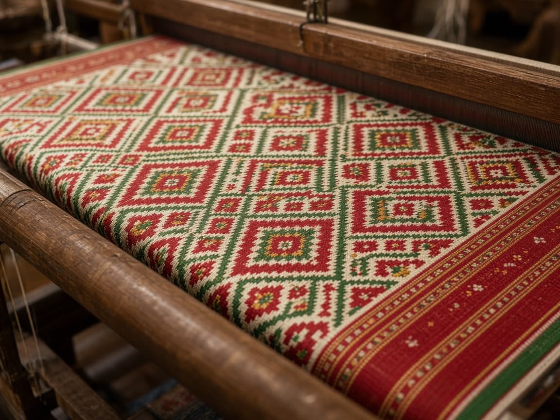 Geometric Patola weave in progress on a wooden loom