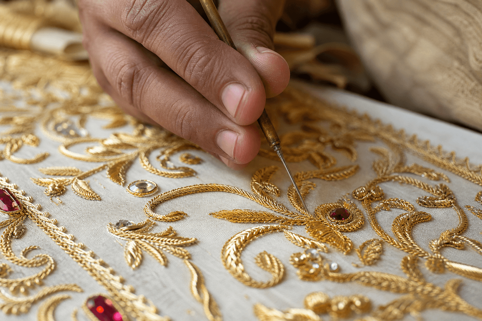 Artisan hands embroidering gold zardozi with a curved aari needle