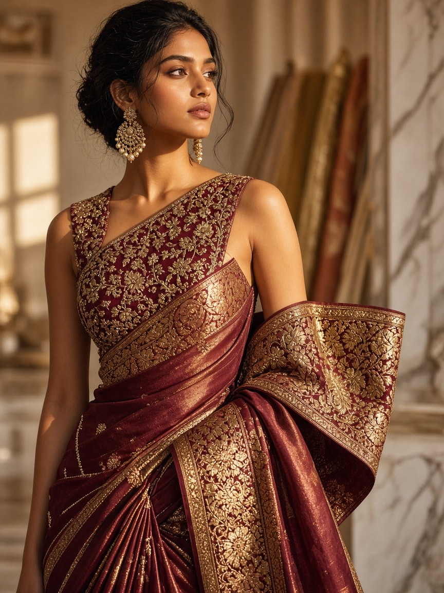 Maroon and antique-gold pre-draped silk saree with a sculpted one-shoulder blouse
