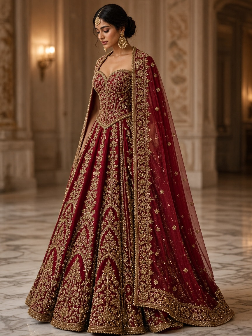 Bespoke ruby and gold bridal lehenga made to custom measurements