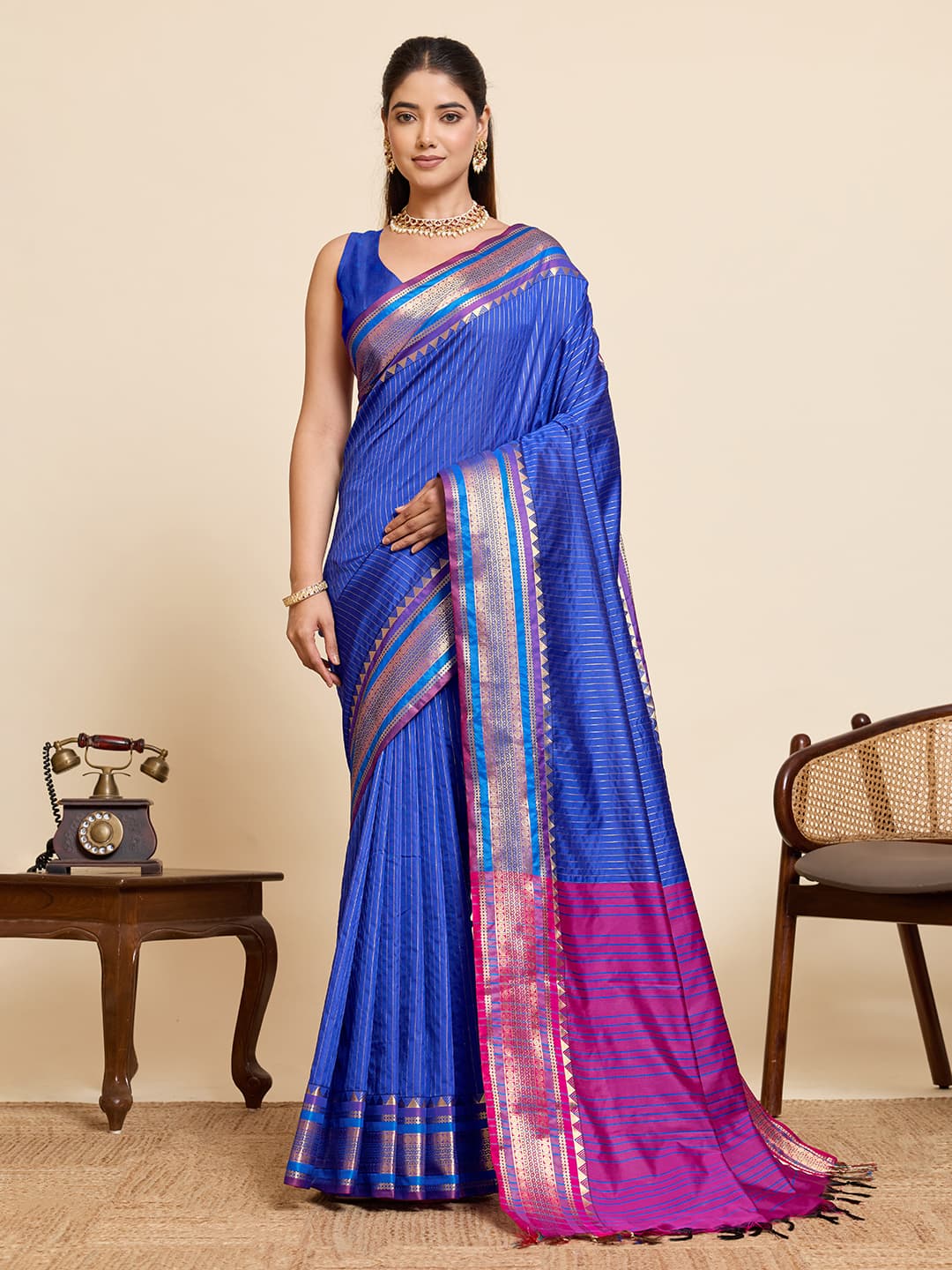 Royal blue Banarasi silk saree with all-over zari weaving