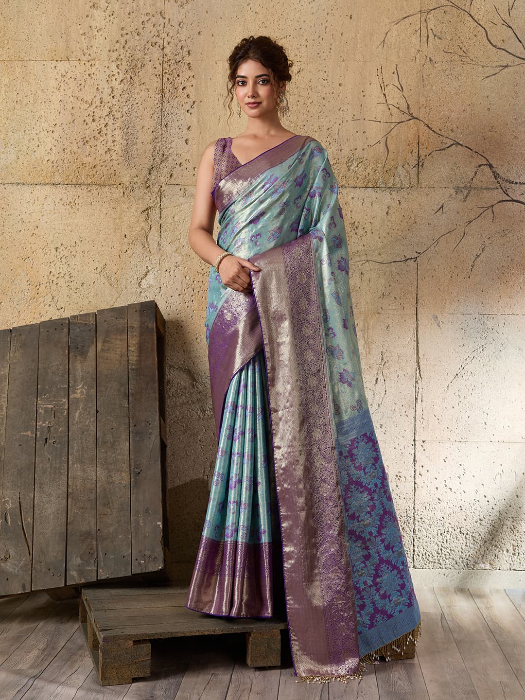 Wine maroon Kanjivaram saree with all-over zari weaving