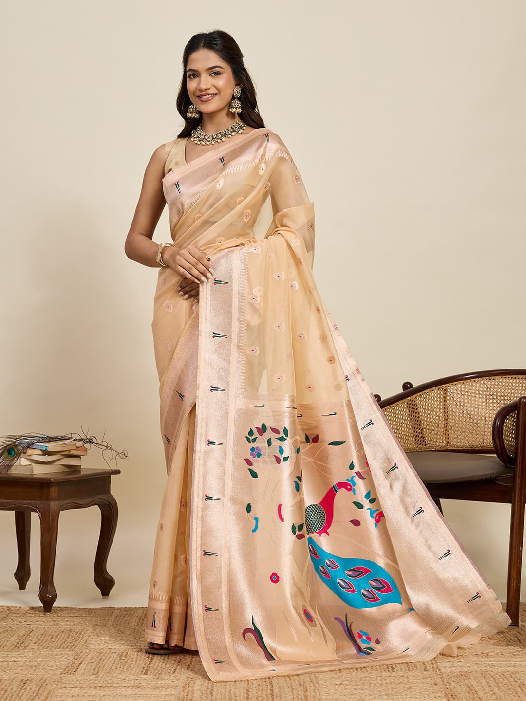 Soft peach Paithani silk saree with a meenakari peacock pallu