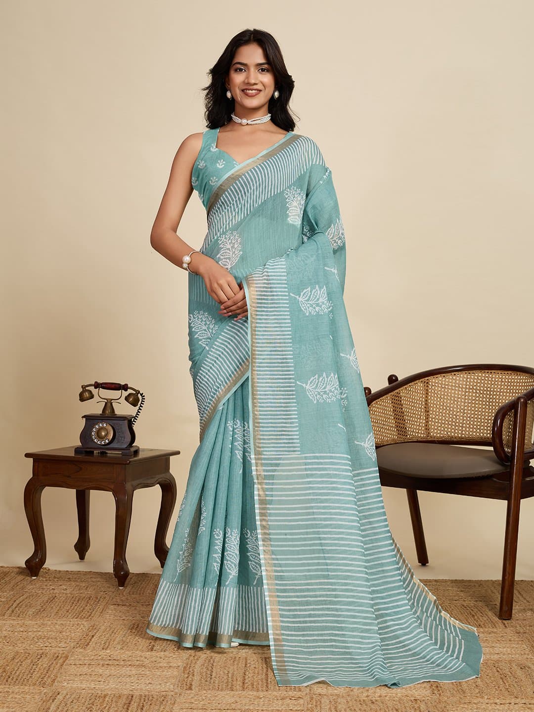 Kajri Soft Mal Cotton Linen Saree with Zari Border & Striped Foliage